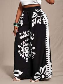 Zivah 2025 Spring, Summer New Arrival Plus Size Black & White Loose Fit Color Blocking Printed Pants, Suitable For Women Wide Leg Boho Vintage Fall - Black and White - View 13