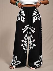 Zivah 2025 Spring, Summer New Arrival Plus Size Black & White Loose Fit Color Blocking Printed Pants, Suitable For Women Wide Leg Boho Vintage Fall - Black and White - View 6