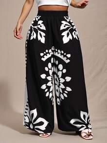 Zivah 2025 Spring, Summer New Arrival Plus Size Black & White Loose Fit Color Blocking Printed Pants, Suitable For Women Wide Leg Boho Vintage Fall - Black and White - View 7