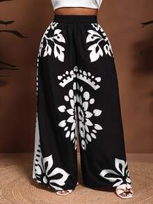 Zivah 2025 Spring, Summer New Arrival Plus Size Black & White Loose Fit Color Blocking Printed Pants, Suitable For Women Wide Leg Boho Vintage Fall - Black and White - View 3