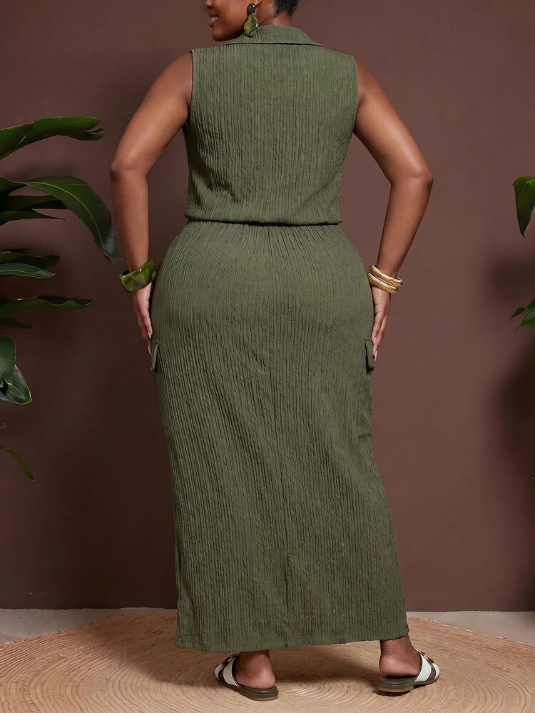 Veslaya Plus Size Women's Solid Color Zipper Top And Skirt Casual Daily Set - Army Green - View 4