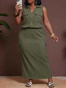 Zivah Plus Size Women's Solid Color Zipper Top And Skirt Casual Daily Set - Army Green - View 6