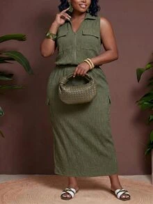 Zivah Plus Size Women's Solid Color Zipper Top And Skirt Casual Daily Set - Army Green - View 7
