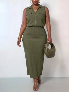 Zivah Plus Size Women's Solid Color Zipper Top And Skirt Casual Daily Set - Army Green - View 3