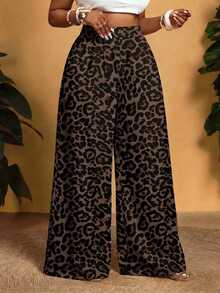 Veslaya Plus Size Women's Leopard Print Casual Versatile Wide Leg Pants For Daily Wear Fall - Multicolor - View 3