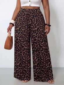 Veslaya Plus Size Women's Leopard Print Casual Versatile Wide Leg Pants For Daily Wear Fall - Multicolor - View 2