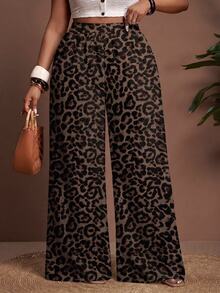 Veslaya Plus Size Women's Leopard Print Casual Versatile Wide Leg Pants For Daily Wear Fall - Multicolor - View 7