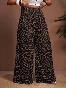 Veslaya Plus Size Women's Leopard Print Casual Versatile Wide Leg Pants For Daily Wear Fall - Multicolor - View 6