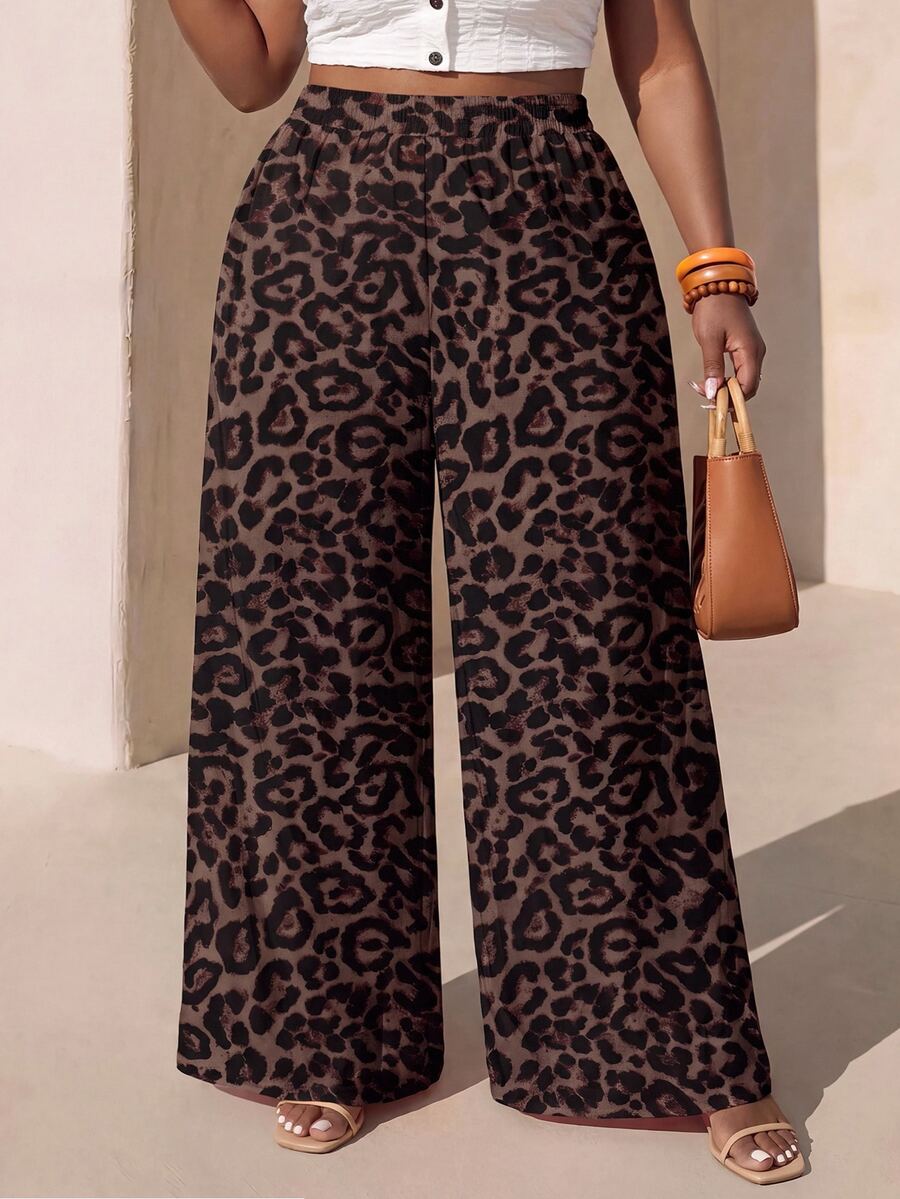 Veslaya Plus Size Women's Leopard Print Casual Versatile Wide Leg Pants For Daily Wear Fall - Multicolor - View 1