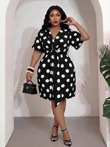 Veslaya Plus Size French Polka Dot Print Front Knot Ruched Dress - Black - View 8