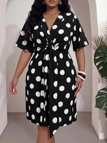 Veslaya Plus Size French Polka Dot Print Front Knot Ruched Dress - Black - View 6
