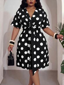 Veslaya Plus Size French Polka Dot Print Front Knot Ruched Dress - Black - View 9
