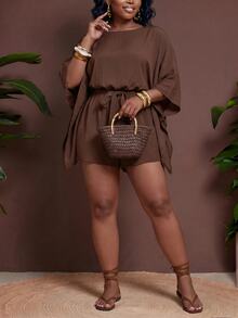 Veslaya Plus Size Women Solid Color Waist Knot Casual Daily Outing Romper Fall - Brown - View 6