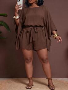 Veslaya Plus Size Women Solid Color Waist Knot Casual Daily Outing Romper Fall - Brown - View 7