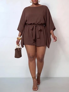 Veslaya Plus Size Women Solid Color Waist Knot Casual Daily Outing Romper Fall - Brown - View 2