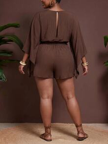 Veslaya Plus Size Women Solid Color Waist Knot Casual Daily Outing Romper Fall - Brown - View 5