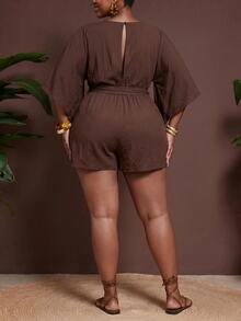 Veslaya Plus Size Women Solid Color Waist Knot Casual Daily Outing Romper Fall - Brown - View 8