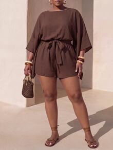 Veslaya Plus Size Women Solid Color Waist Knot Casual Daily Outing Romper Fall - Brown - View 3