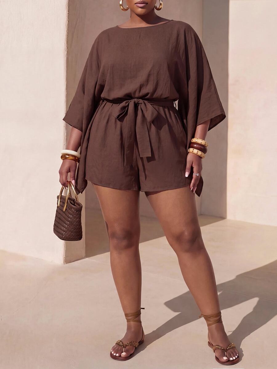 Zivah Plus Size Women Solid Color Waist Knot Casual Daily Outing Romper Fall