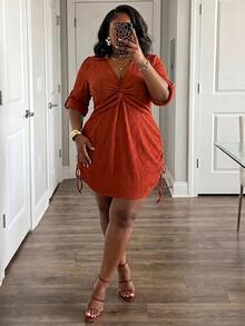 Veslaya Plus Size Women's Solid Color Pleated Casual Party Dress Fall - Brown - View 6