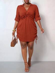 Veslaya Plus Size Women's Solid Color Pleated Casual Party Dress Fall - Brown - View 3