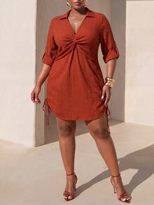 Veslaya Plus Size Women's Solid Color Pleated Casual Party Dress Fall - Brown - View 2