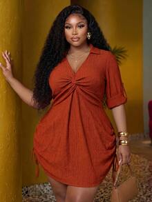Veslaya Plus Size Women's Solid Color Pleated Casual Party Dress Fall - Brown - View 9