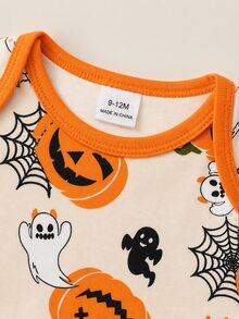 SHEIN 幼兒新生男嬰幽靈南瓜萬聖節派對拍照圓領長袖連身衣附帽子 米色秋季可愛親子套裝 - 橘色 - 查看 5