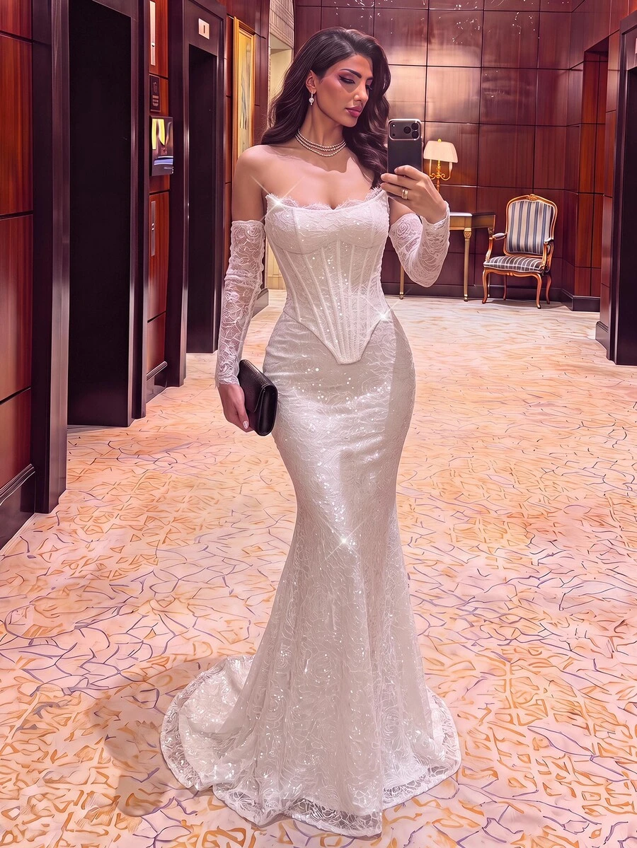 Aureia 優雅性感白色亮片珠飾蕾絲露肩束腰魚尾拖尾婚紗禮服，可拆卸袖子，適合冬季正式晚宴、婚禮派對