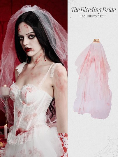 MortiRose 1pc/2pcs Halloween Party Ghost Bride Bloody White Veil, Haunted House Escape Room Costume Prop, Halloween Bloody Veil Decor