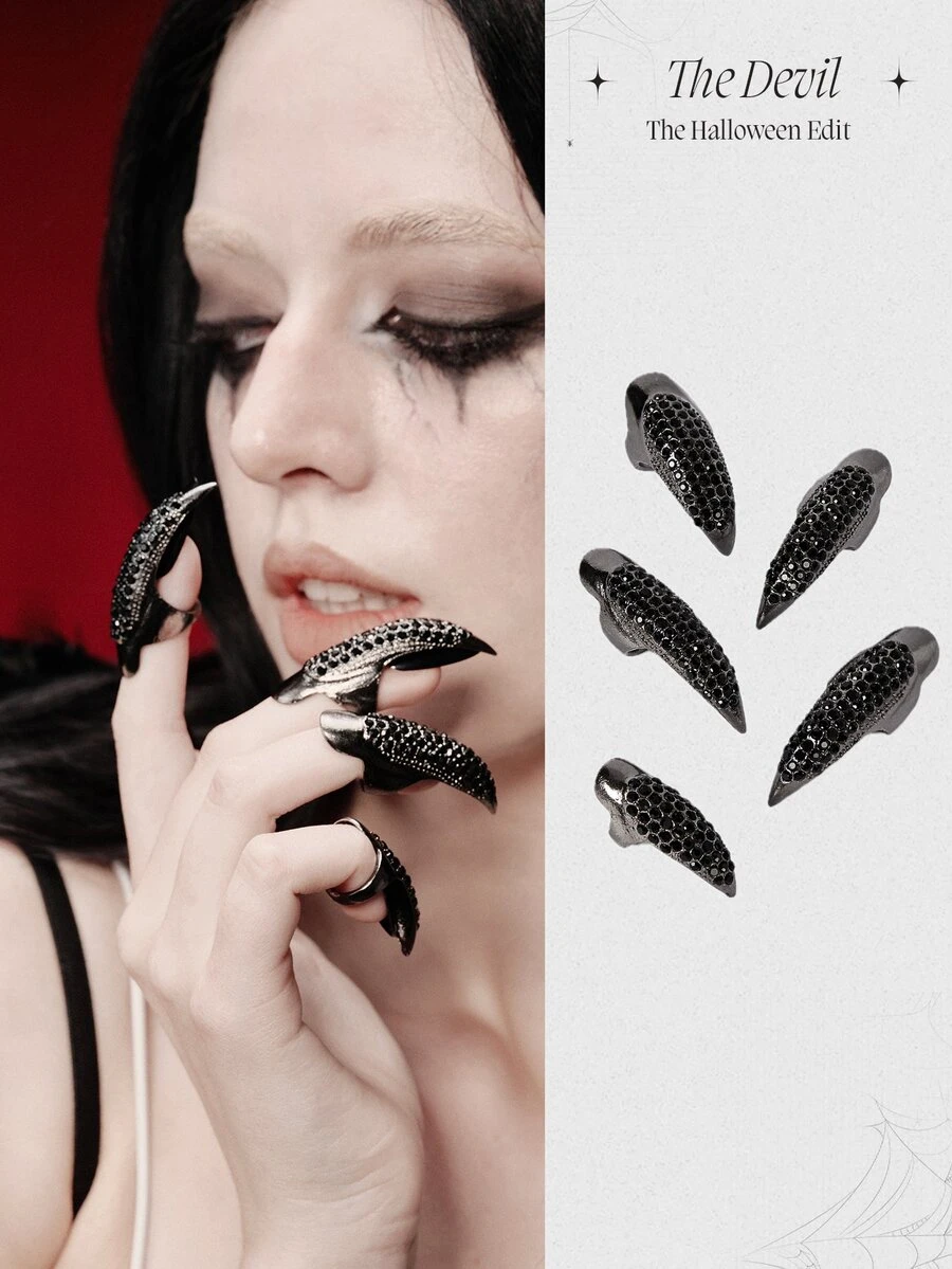 MortiRose 5PCS/ Set Halloween Devil Ring, Retro Hawk Claw Ring, Rhinestone Nail Decoration Finger Ring, Sexy Ring - A - View 1