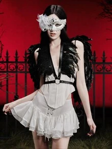 MortiRose 1 PC Faux Feather Harness Bra Top – Perfect For Halloween, Carnival, Stage Shows & Night Out Looks, Adjustable Shawl Cape For Cosplay - YM - View 3