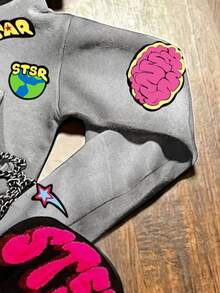 IslaSuriya Hooded With Pockets Fashion Five-Pointed Star Pattern Cropped Zip-Up Sweatshirt - Grey - View 4