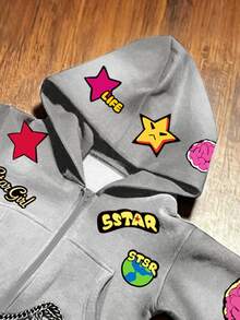 IslaSuriya Hooded With Pockets Fashion Five-Pointed Star Pattern Cropped Zip-Up Sweatshirt - Grey - View 3