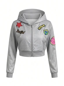 IslaSuriya Hooded With Pockets Fashion Five-Pointed Star Pattern Cropped Zip-Up Sweatshirt - Grey - View 5