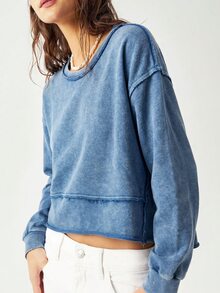 Bohemela Lässiges Streetwear einfarbig gewebtes lockeres gewaschenes Damen Sweatshirt Reise Hellblau Herbst Reise - Blau - Übersicht 7