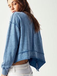 Bohemela Lässiges Streetwear einfarbig gewebtes lockeres gewaschenes Damen Sweatshirt Reise Hellblau Herbst Reise - Blau - Übersicht 4