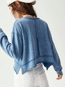 Bohemela Lässiges Streetwear einfarbig gewebtes lockeres gewaschenes Damen Sweatshirt Reise Hellblau Herbst Reise - Blau - Übersicht 2