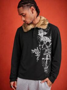 ROMWE MEN Men's Loose Long Sleeve T-Shirt With Cross & Dark Skull Print And Plush Collar - Black - View 1
