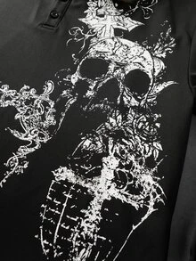 ROMWE MEN Men's Loose Long Sleeve T-Shirt With Cross & Dark Skull Print And Plush Collar - Black - View 7