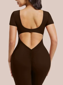 SHEIN Rhythm Era Women's Plus Size Solid Color Backless Fitted Sports Jumpsuit - Brown - View 3