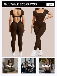 SHEIN Rhythm Era Women's Plus Size Solid Color Backless Fitted Sports Jumpsuit - Brown - View 6