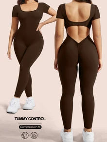 SHEIN Rhythm Era Women's Plus Size Solid Color Backless Fitted Sports Jumpsuit - Brown - View 2