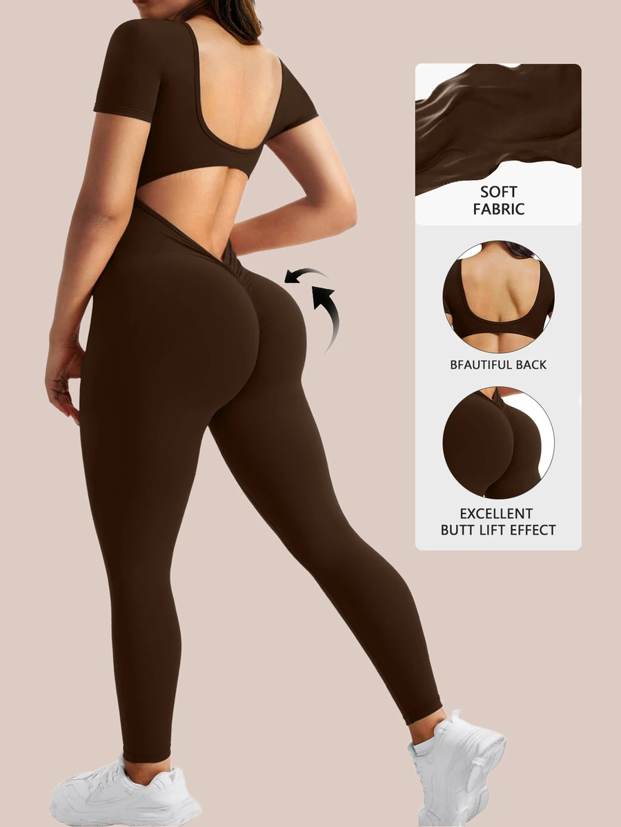 SHEIN Rhythm Era Women's Plus Size Solid Color Backless Fitted Sports Jumpsuit - Brown - View 1