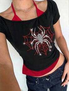 Attitoon Rhinestone Spider Pattern Halter Neck Tee - Black - View 9