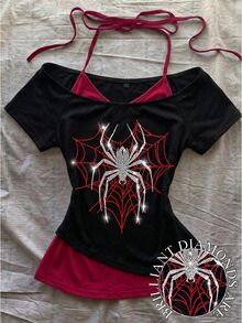 Attitoon Rhinestone Spider Pattern Halter Neck Tee - Black - View 1