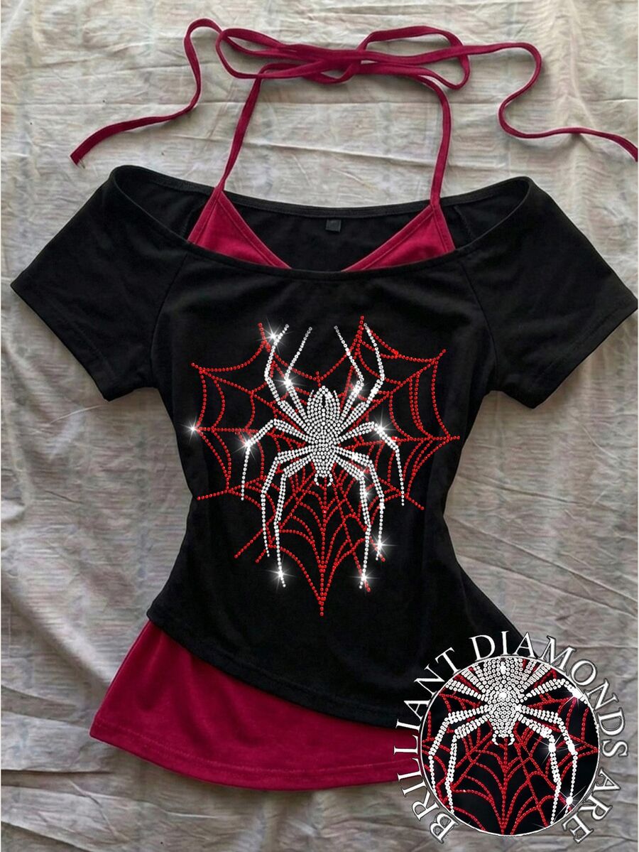 Attitoon Rhinestone Spider Pattern Halter Neck Tee - Black - View 1