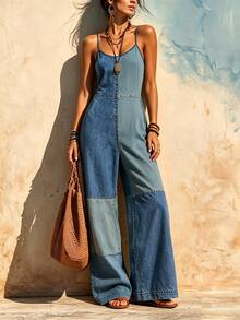 Glimmora Two-Tone Patchwork Light Blue Bohemian Spaghetti Strap Wide Leg Jumpsuit - Blue - View 4