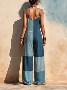Glimmora Two-Tone Patchwork Light Blue Bohemian Spaghetti Strap Wide Leg Jumpsuit - Blue - View 2