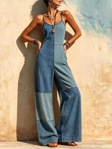 Glimmora Two-Tone Patchwork Light Blue Bohemian Spaghetti Strap Wide Leg Jumpsuit - Blue - View 5